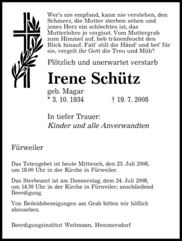  Traueranzeige für Irene Schütz vom 23.07.2008 aus SAARBRÜCKER ZEITUNG