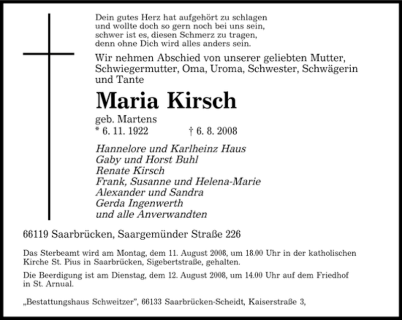  Traueranzeige für Maria Kirsch vom 09.08.2008 aus SAARBRÜCKER ZEITUNG