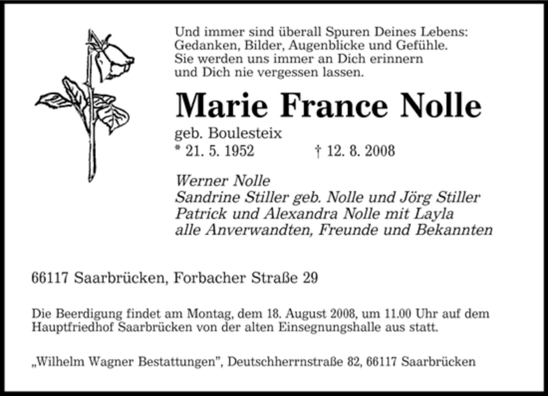  Traueranzeige für Marie France Nolle vom 16.08.2008 aus SAARBRÜCKER ZEITUNG
