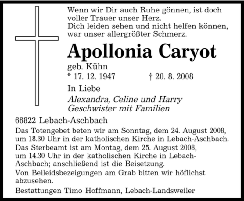 Traueranzeige für Apollonia Caryot vom 23.08.2008 aus SAARBRÜCKER ZEITUNG