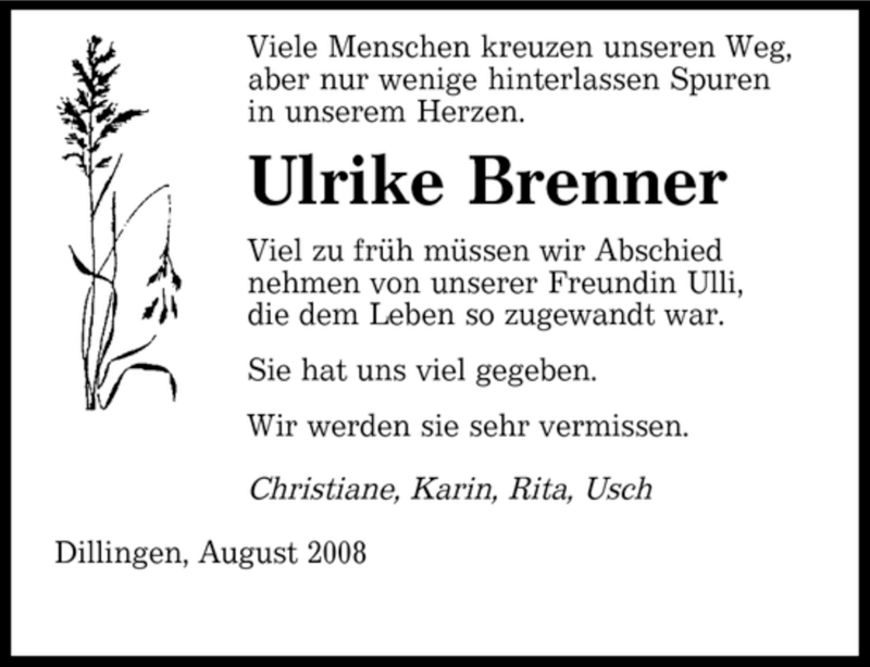  Traueranzeige für Ulrike Brenner vom 27.08.2008 aus SAARBRÜCKER ZEITUNG
