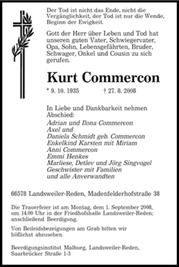 Traueranzeige von Kurt Commercon von SAARBRÜCKER ZEITUNG