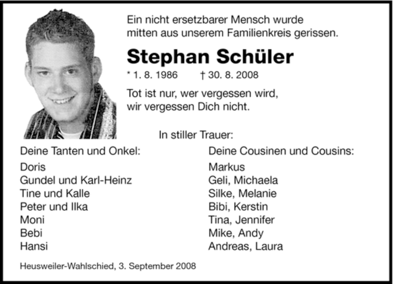  Traueranzeige für Stefan Schüler vom 03.09.2008 aus SAARBRÜCKER ZEITUNG