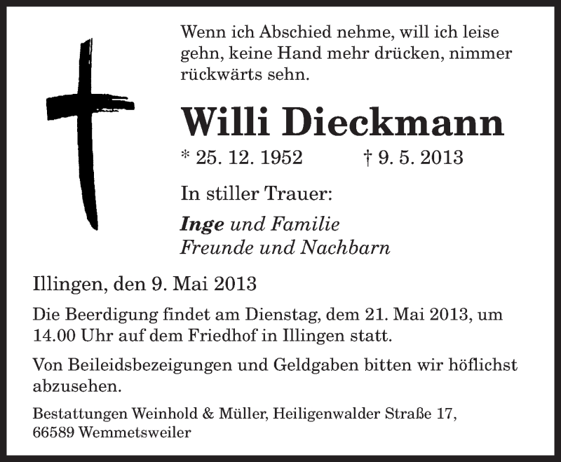  Traueranzeige für Willi Dieckmann vom 16.05.2013 aus saarbruecker_zeitung