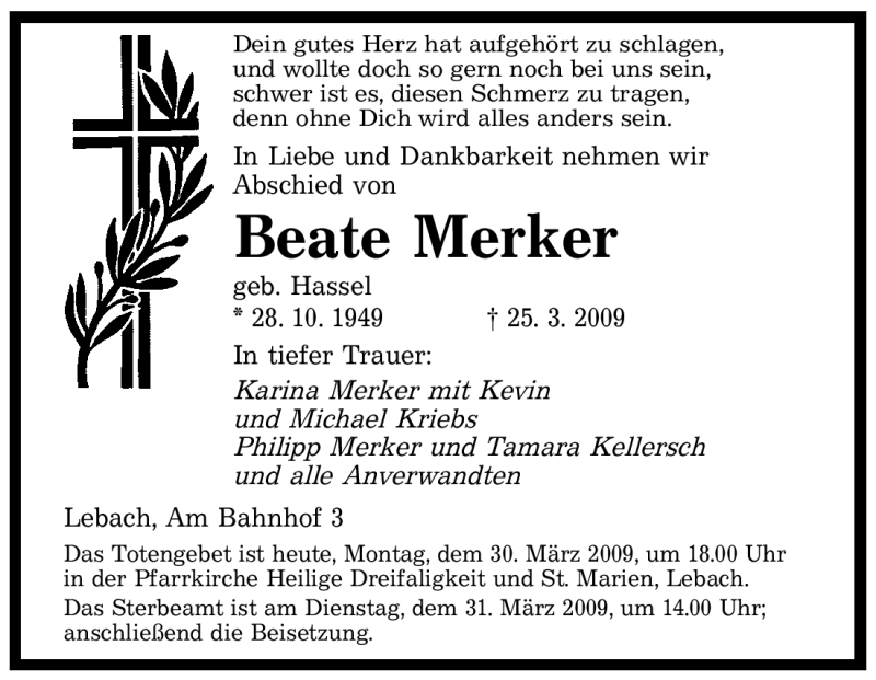  Traueranzeige für Beate Merker vom 30.03.2009 aus SAARBRÜCKER ZEITUNG