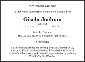 Traueranzeige von Gisela Jochum von SAARBRÜCKER ZEITUNG