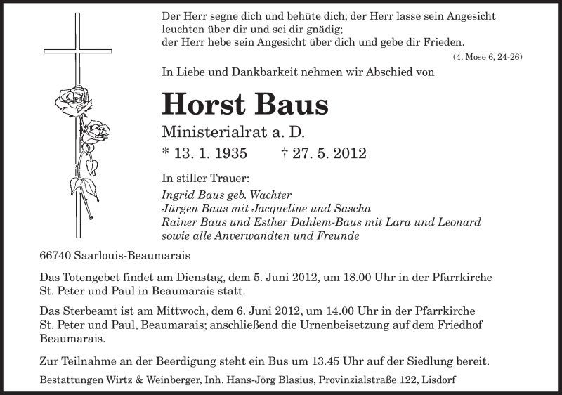  Traueranzeige für Horst Baus vom 02.06.2012 aus SAARBRÜCKER ZEITUNG