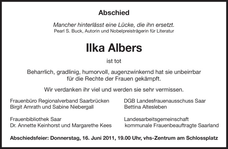  Traueranzeige für Ilka Albers vom 13.05.2011 aus SAARBRÜCKER ZEITUNG