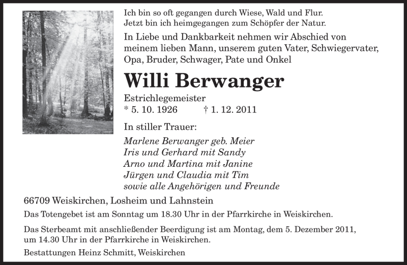  Traueranzeige für Willi Berwanger vom 03.12.2011 aus SAARBRÜCKER ZEITUNG
