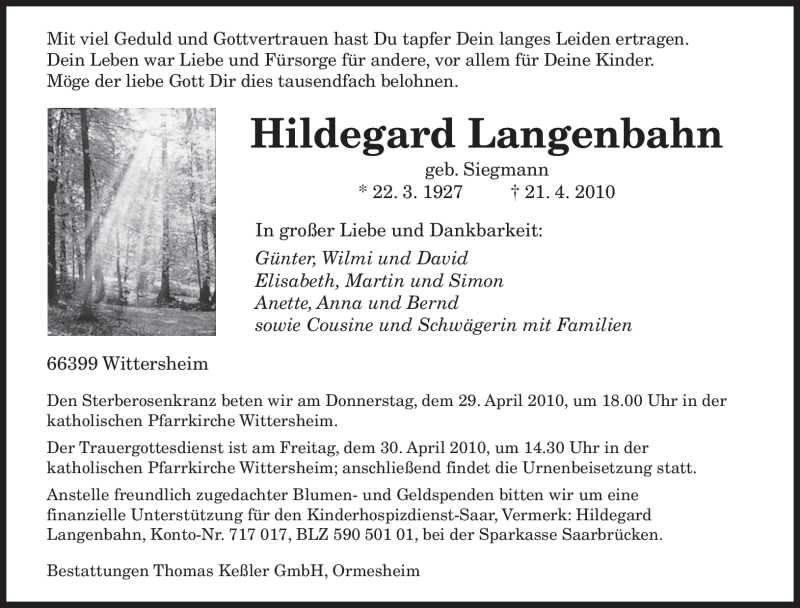  Traueranzeige für Hildegard Langenbahn vom 24.04.2010 aus SAARBRÜCKER ZEITUNG