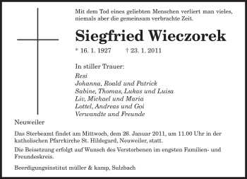 Traueranzeige von Siegfried Wieczorek von SAARBRÜCKER ZEITUNG