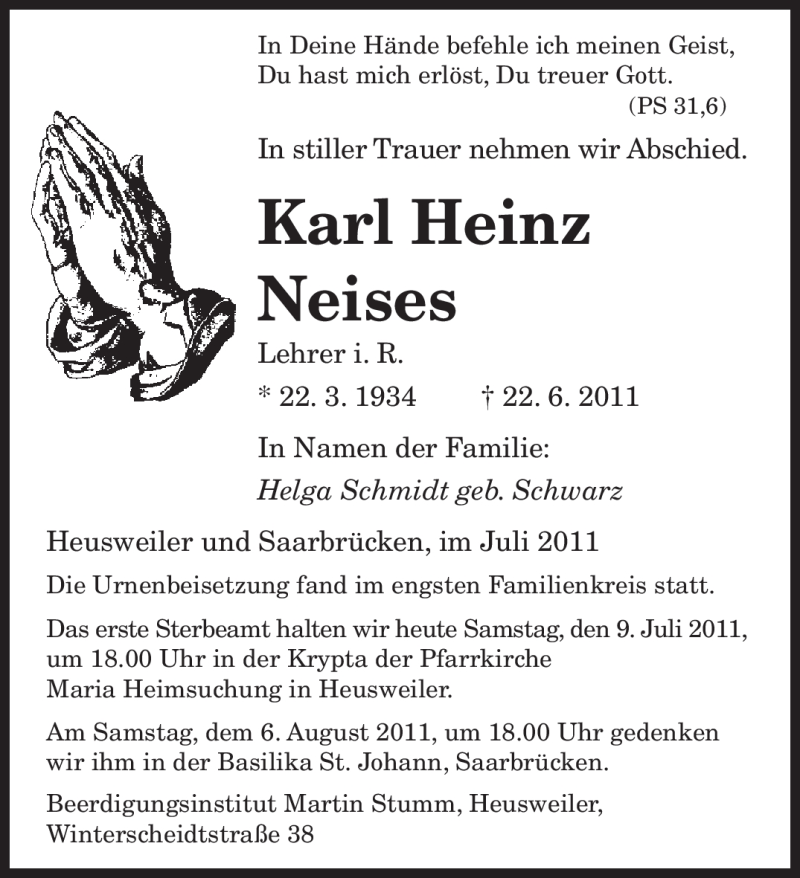  Traueranzeige für Karl Heinz Neises vom 09.07.2011 aus SAARBRÜCKER ZEITUNG