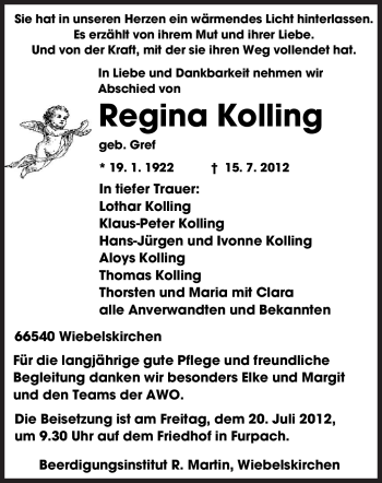 Traueranzeige von Regina Kolling von SAARBRÜCKER ZEITUNG