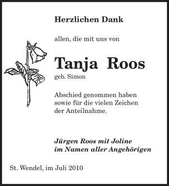 Traueranzeige von Tanja Roos von SAARBRÜCKER ZEITUNG