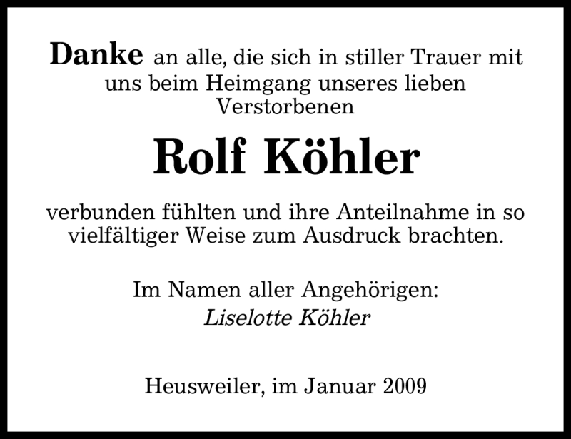  Traueranzeige für Rolf Köhler vom 19.01.2009 aus SAARBRÜCKER ZEITUNG