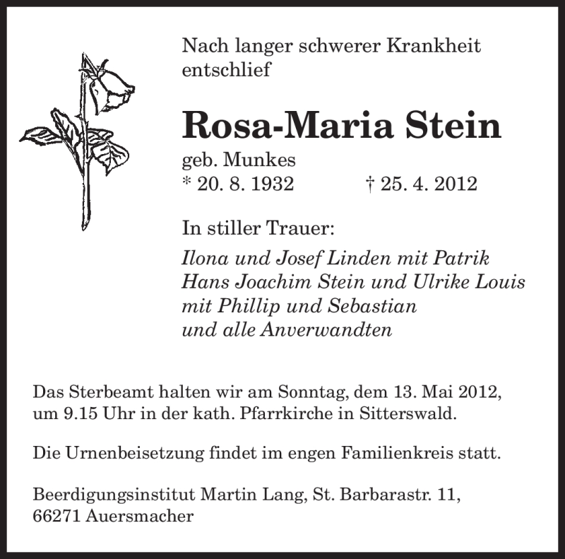  Traueranzeige für Rosa-Maria Stein vom 05.05.2012 aus SAARBRÜCKER ZEITUNG