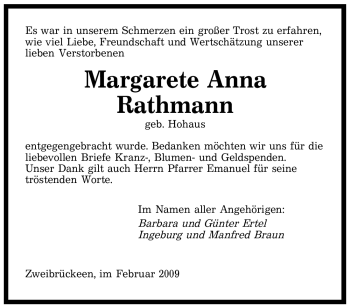 Traueranzeige von Margarete Anna Rathmann von SAARBRÜCKER ZEITUNG