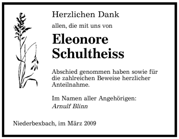 Traueranzeige von Eleonore Schultheiss von SAARBRÜCKER ZEITUNG