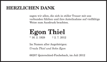 Traueranzeige von Egon Thiel von SAARBRÜCKER ZEITUNG