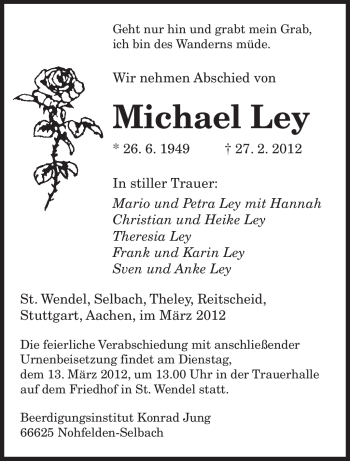Traueranzeige von Michael Ley von SAARBRÜCKER ZEITUNG