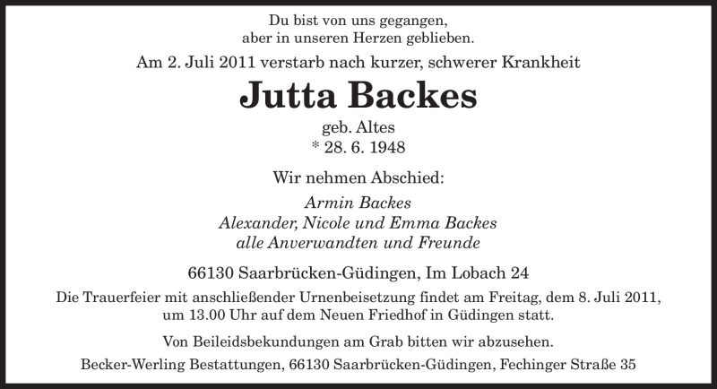 Traueranzeige für Jutta Backes vom 07.07.2011 aus SAARBRÜCKER ZEITUNG