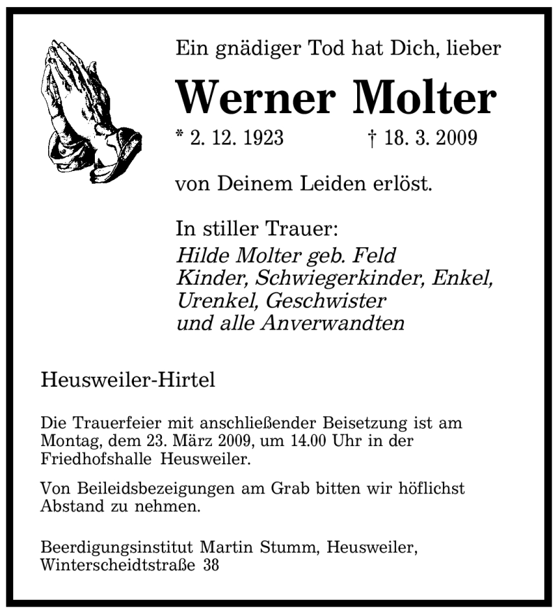  Traueranzeige für Werner Molter vom 20.03.2009 aus SAARBRÜCKER ZEITUNG