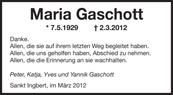 Traueranzeige von Maria Gaschott von SAARBRÜCKER ZEITUNG