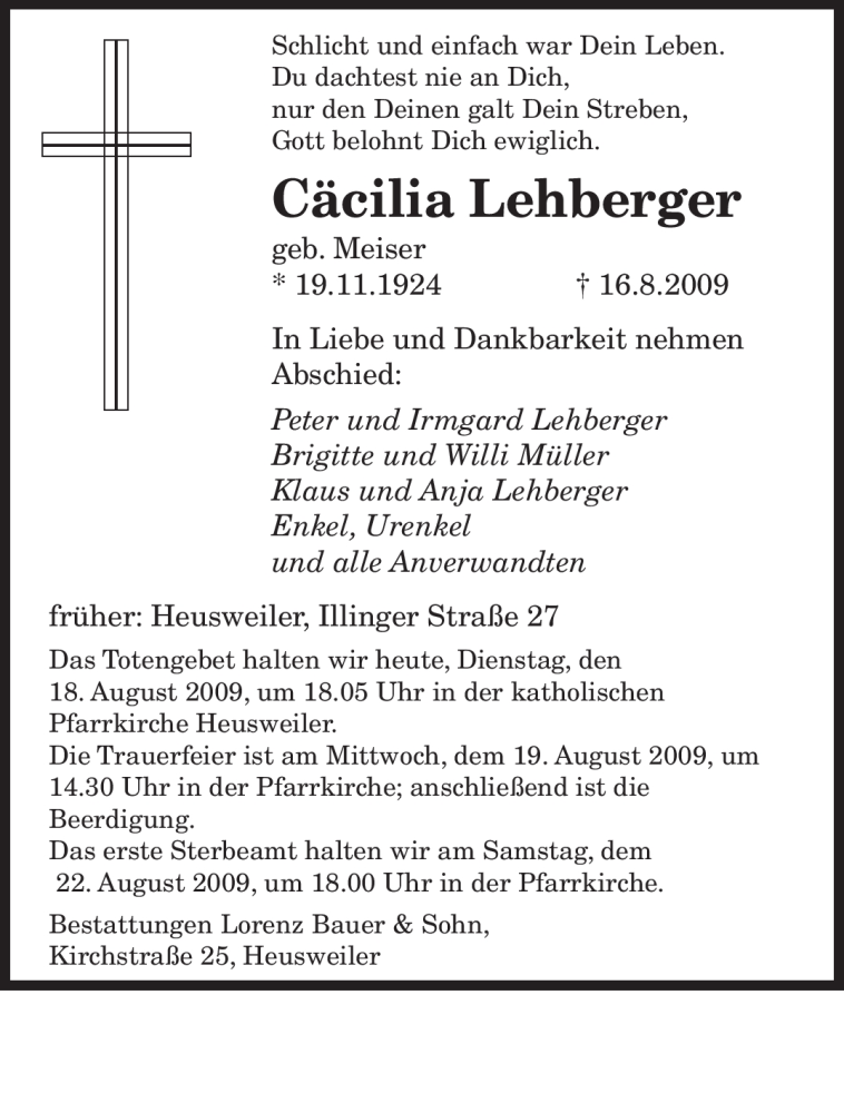  Traueranzeige für Cäcilia Lehberger vom 18.08.2009 aus SAARBRÜCKER ZEITUNG