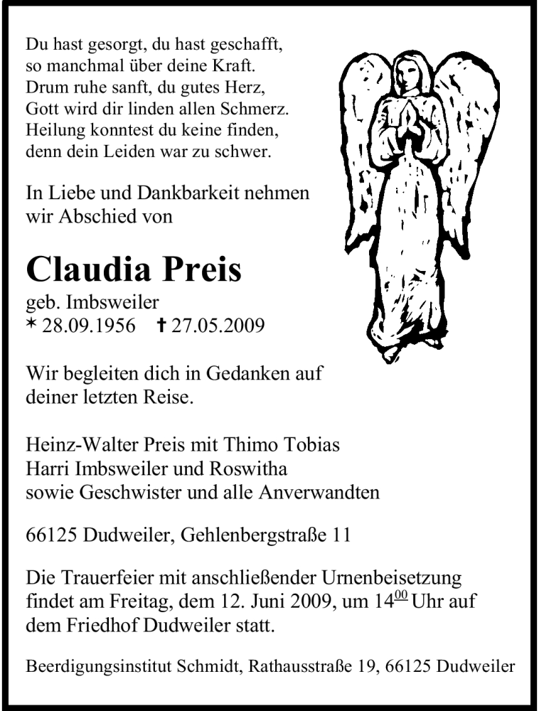  Traueranzeige für Claudia Preis vom 06.06.2009 aus SAARBRÜCKER ZEITUNG