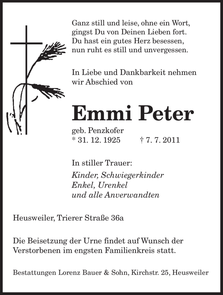  Traueranzeige für Emmi Peter vom 16.07.2011 aus SAARBRÜCKER ZEITUNG