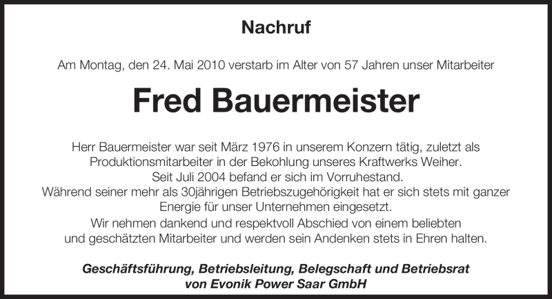 Traueranzeige für Fred Bauermeister vom 29.05.2010 aus SAARBRÜCKER ZEITUNG