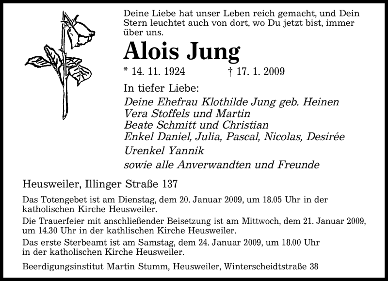  Traueranzeige für Alois Jung vom 19.01.2009 aus SAARBRÜCKER ZEITUNG