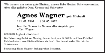 Traueranzeige von Agnes Wagner von SAARBRÜCKER ZEITUNG