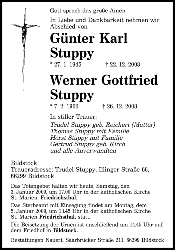  Traueranzeige für Werner Gottfried Stuppy vom 03.01.2009 aus SAARBRÜCKER ZEITUNG
