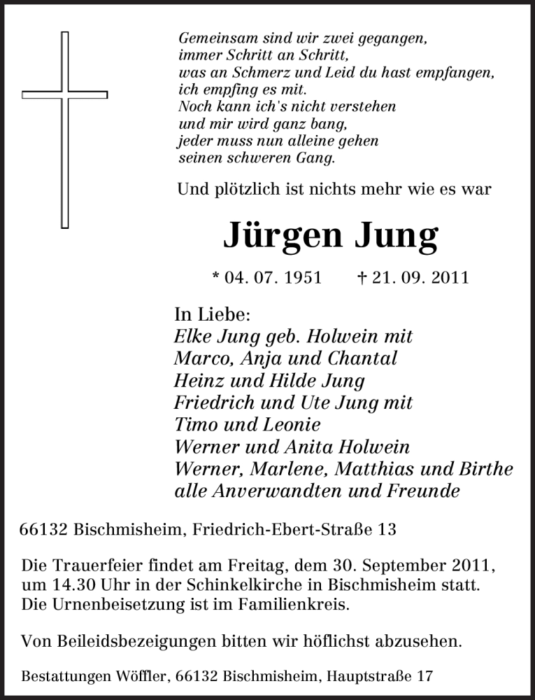  Traueranzeige für Jürgen Jung vom 24.09.2011 aus SAARBRÜCKER ZEITUNG