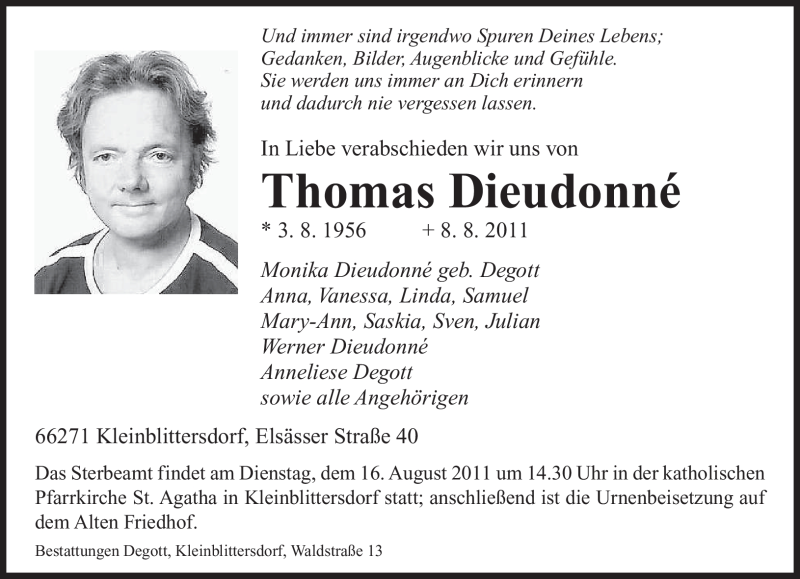  Traueranzeige für Thomas Dieudonné vom 11.08.2011 aus SAARBRÜCKER ZEITUNG