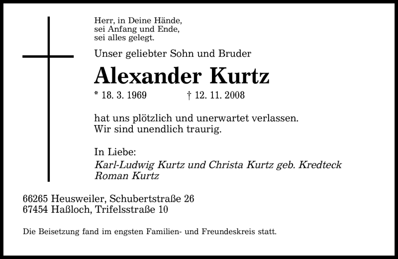  Traueranzeige für Alexander Kurtz vom 24.11.2008 aus SAARBRÜCKER ZEITUNG