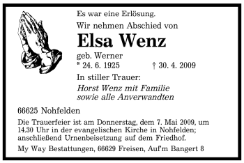 Traueranzeige von Elsa Wenz von SAARBRÜCKER ZEITUNG