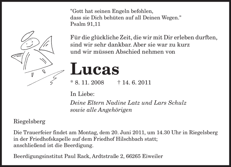  Traueranzeige für Lucas Unbekannt vom 18.06.2011 aus SAARBRÜCKER ZEITUNG