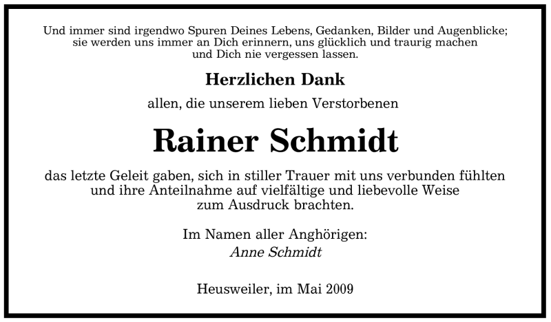  Traueranzeige für Rainer Schmidt vom 02.05.2009 aus SAARBRÜCKER ZEITUNG