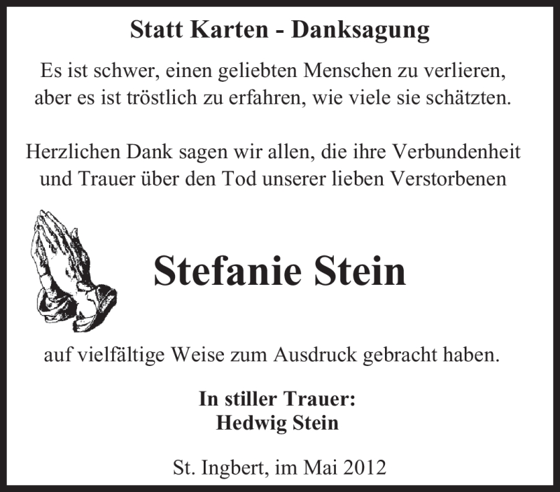  Traueranzeige für Stefanie Stein vom 09.06.2012 aus SAARBRÜCKER ZEITUNG
