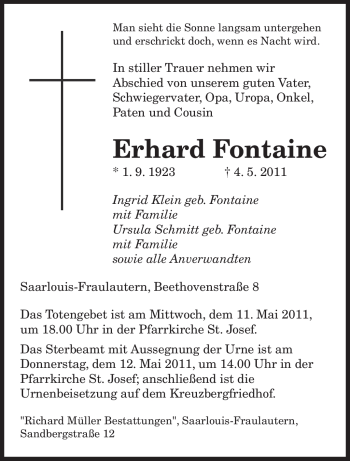 Traueranzeige von Erhard Fontaine von SAARBRÜCKER ZEITUNG