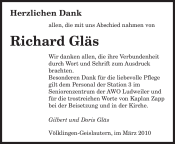 Traueranzeige von Richard Gläs von SAARBRÜCKER ZEITUNG