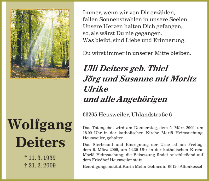  Traueranzeige für Wolfgang Deiters vom 28.02.2009 aus SAARBRÜCKER ZEITUNG