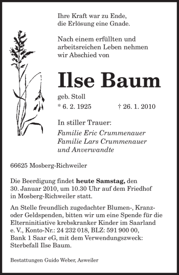 Traueranzeige von Ilse Baum von SAARBRÜCKER ZEITUNG
