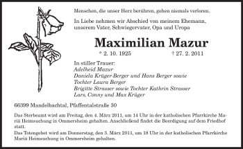 Traueranzeige von Maximilian Mazur von SAARBRÜCKER ZEITUNG