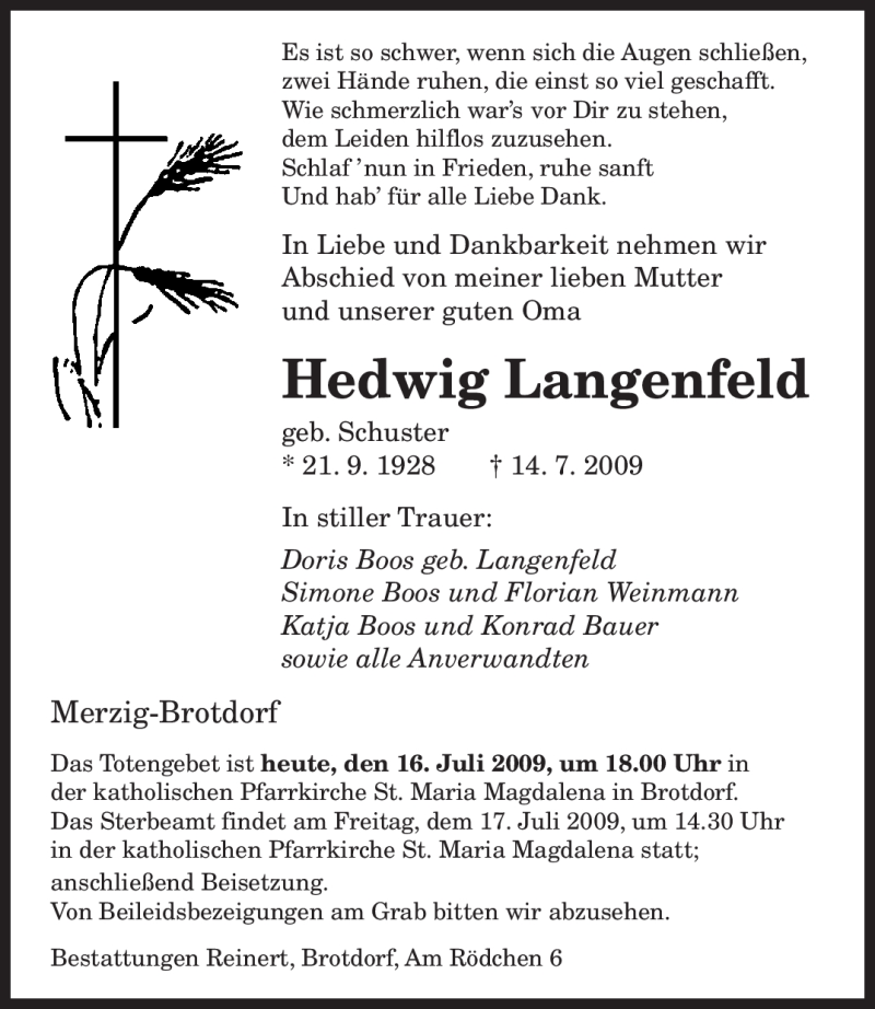  Traueranzeige für Hedwig Langenfeld vom 16.07.2009 aus SAARBRÜCKER ZEITUNG
