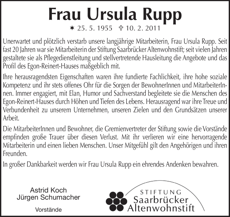  Traueranzeige für Ursula Rupp vom 17.02.2011 aus SAARBRÜCKER ZEITUNG