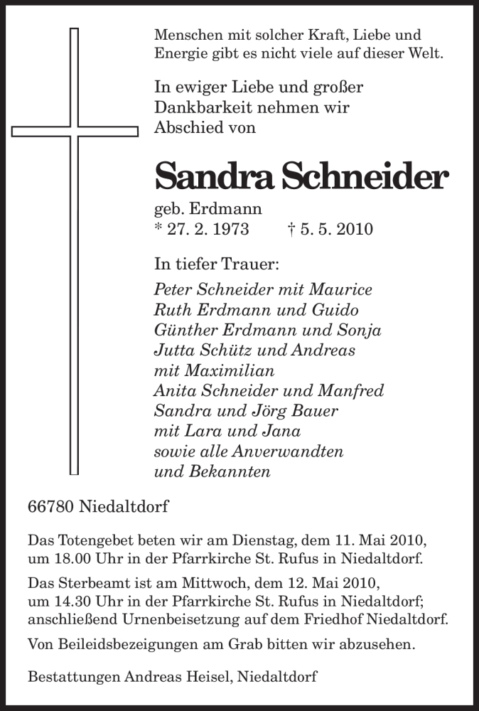  Traueranzeige für Sandra Schneider vom 08.05.2010 aus SAARBRÜCKER ZEITUNG