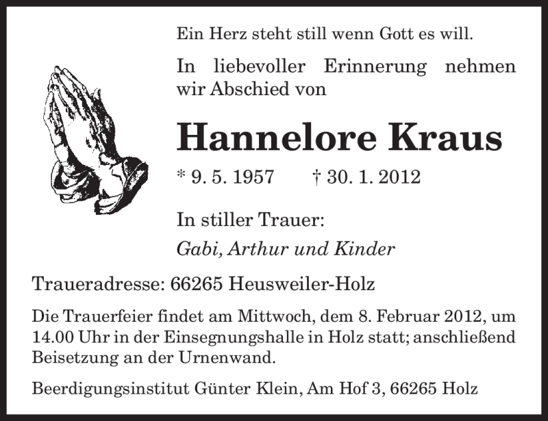  Traueranzeige für Hannelore Kraus vom 06.02.2012 aus SAARBRÜCKER ZEITUNG
